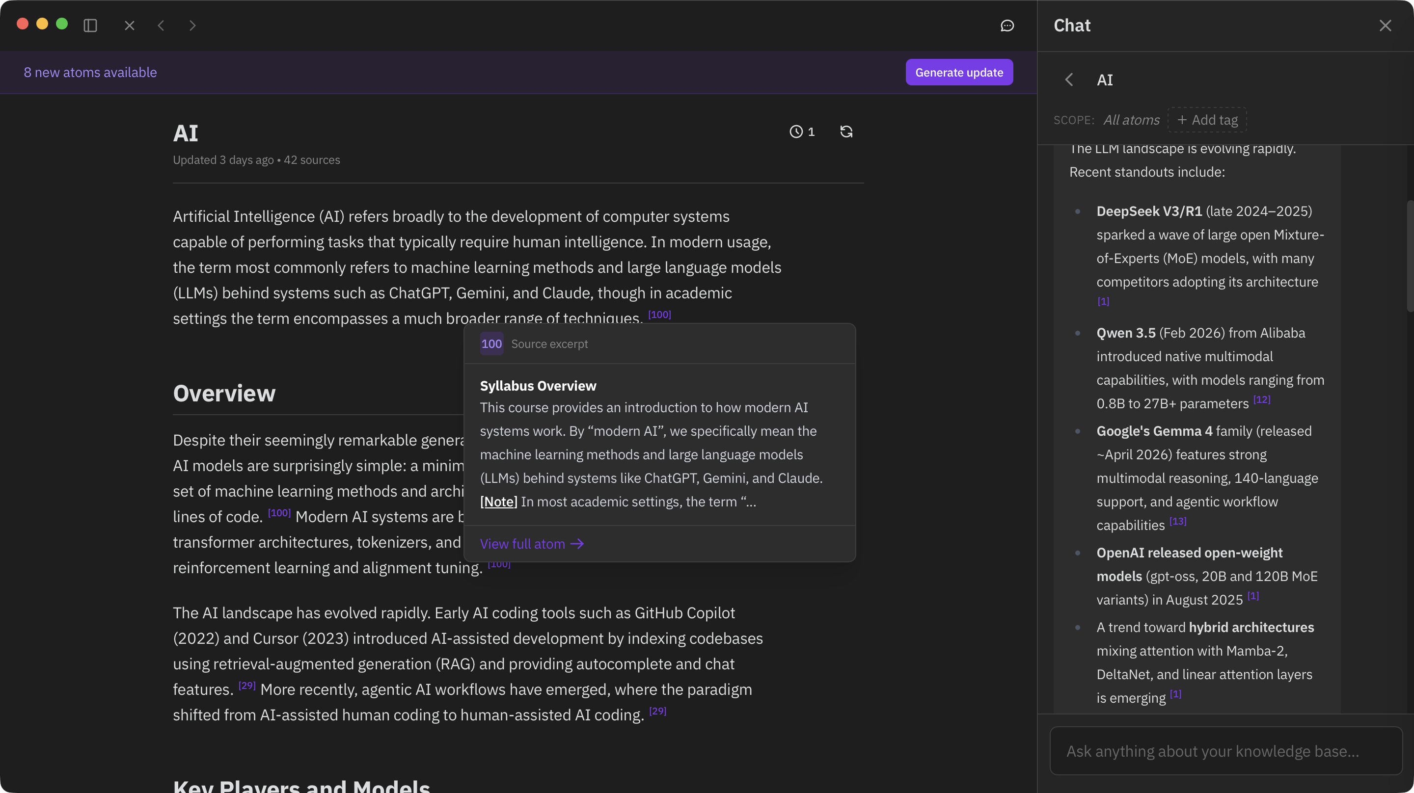 Atomic wiki synthesis with inline citations